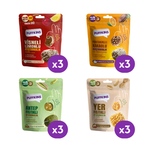 Puffkins Tanışma Paketi (3x Yer Fıstıklı Atıştırmalık, 3x Portakallı Kakaolu Atıştırmalık, 3x Vişneli Limonlu Atıştırmalık, 3x Antep Fıstıklı Atıştırmalık)